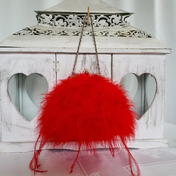 XCITE Red Satin & Feathers Special Occasion Purse - Picture 1 of 12